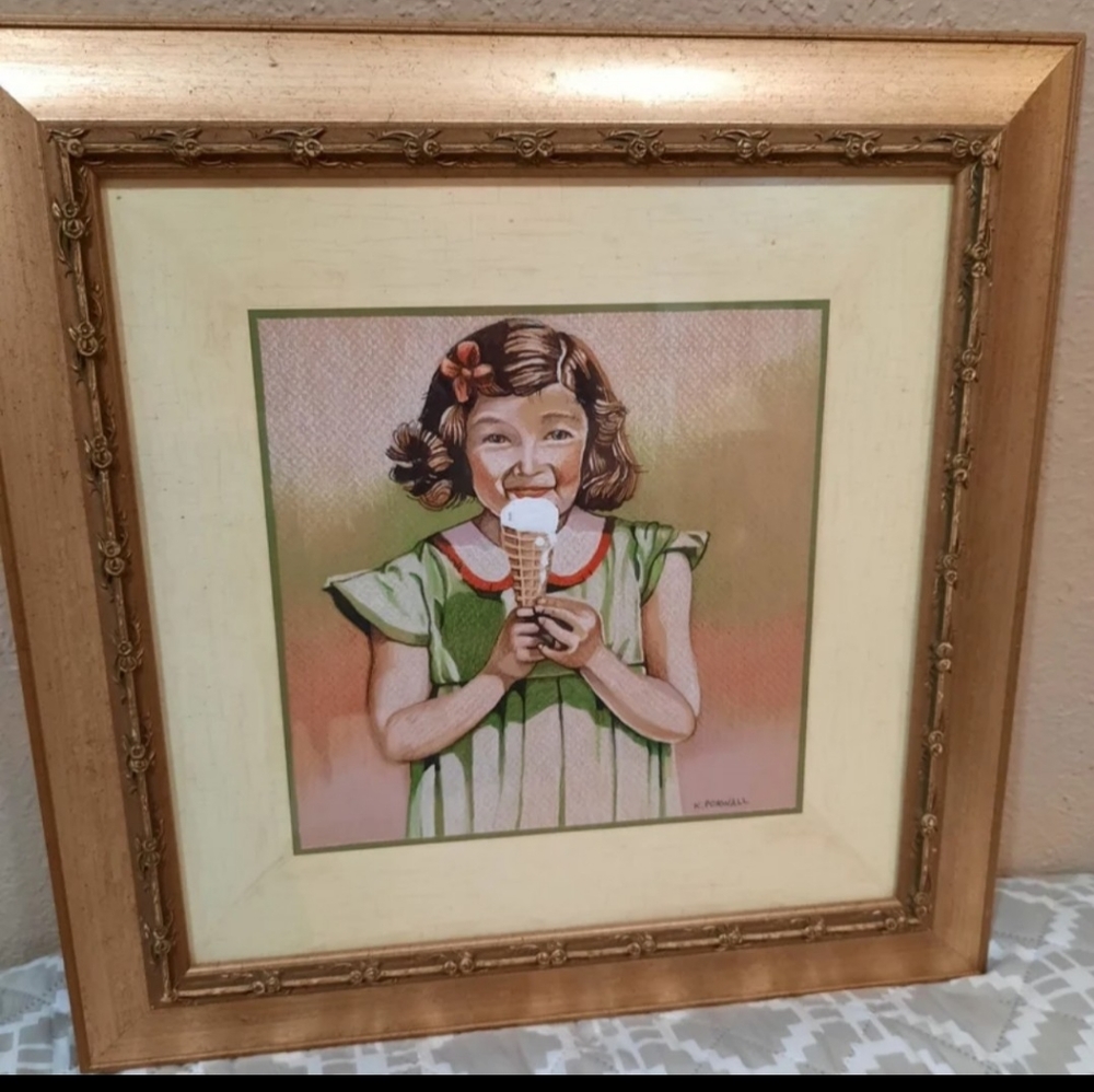 Icecream Girl original art Framed vtg photo Old Fashioned